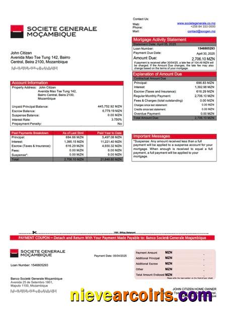 Mozambique Banco Societé Generale Moçambique mortgage statement Word and PDF template